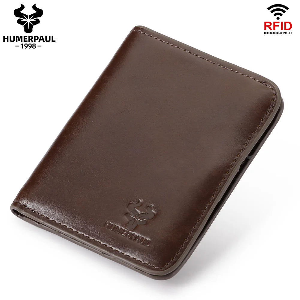 100% Genuine Leather Men's Wallet RFID Blocking Bifold Wallets with RFID Card Slots Thin Male Zipper Coin Purse Money Clip