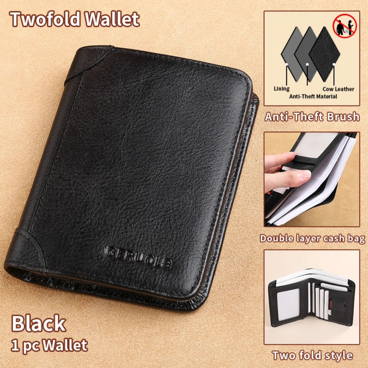 Mens bifold Wallet Genuine Leather RFID Card Holders Cowhide Zip Coin Pocket wallets for men