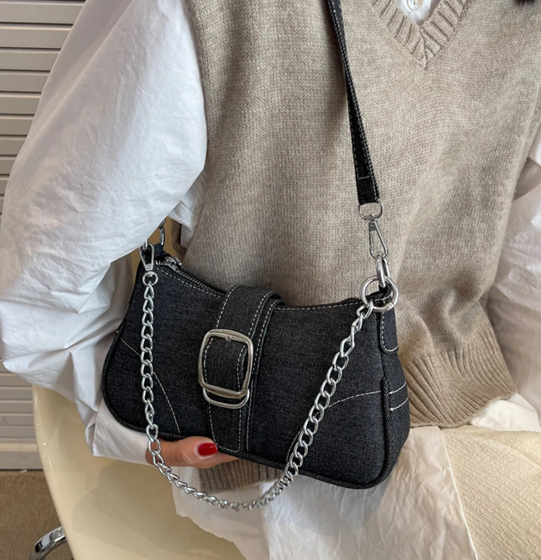 High end denim small bag women's bag 2025 new European and American style fashionable single shoulder crossbody bag chain