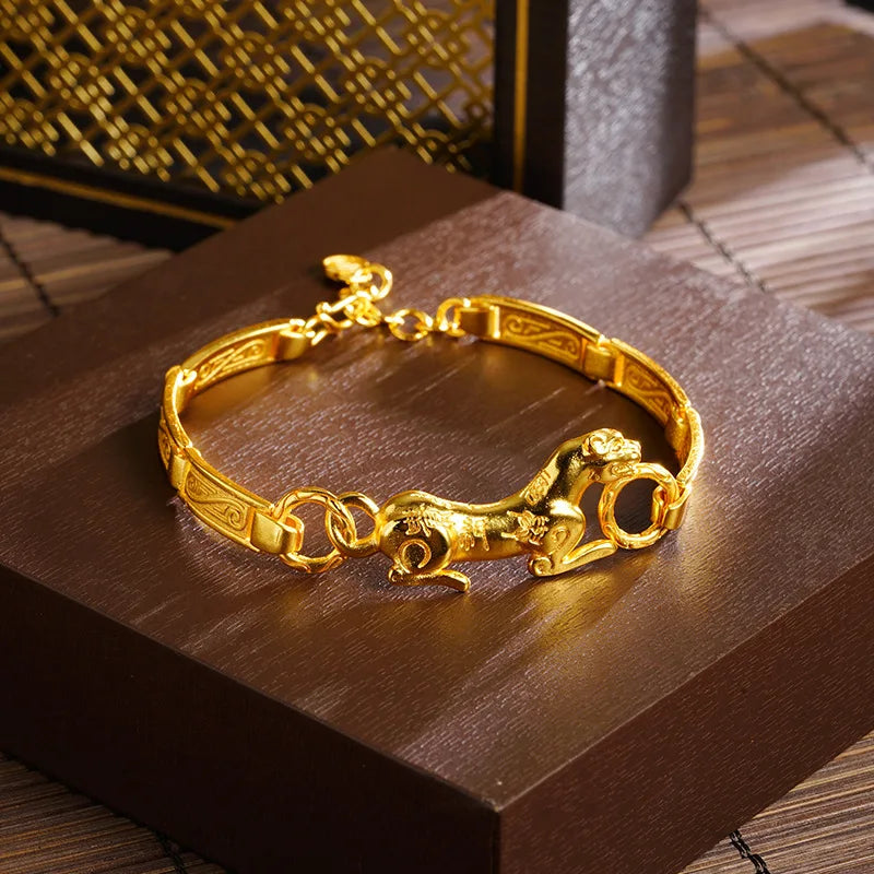 Luxury 24K 9999 Pure Gold real gold Ping An Tiger Handset Bracelet Women's Light Luxury Bamboo Bracelet
