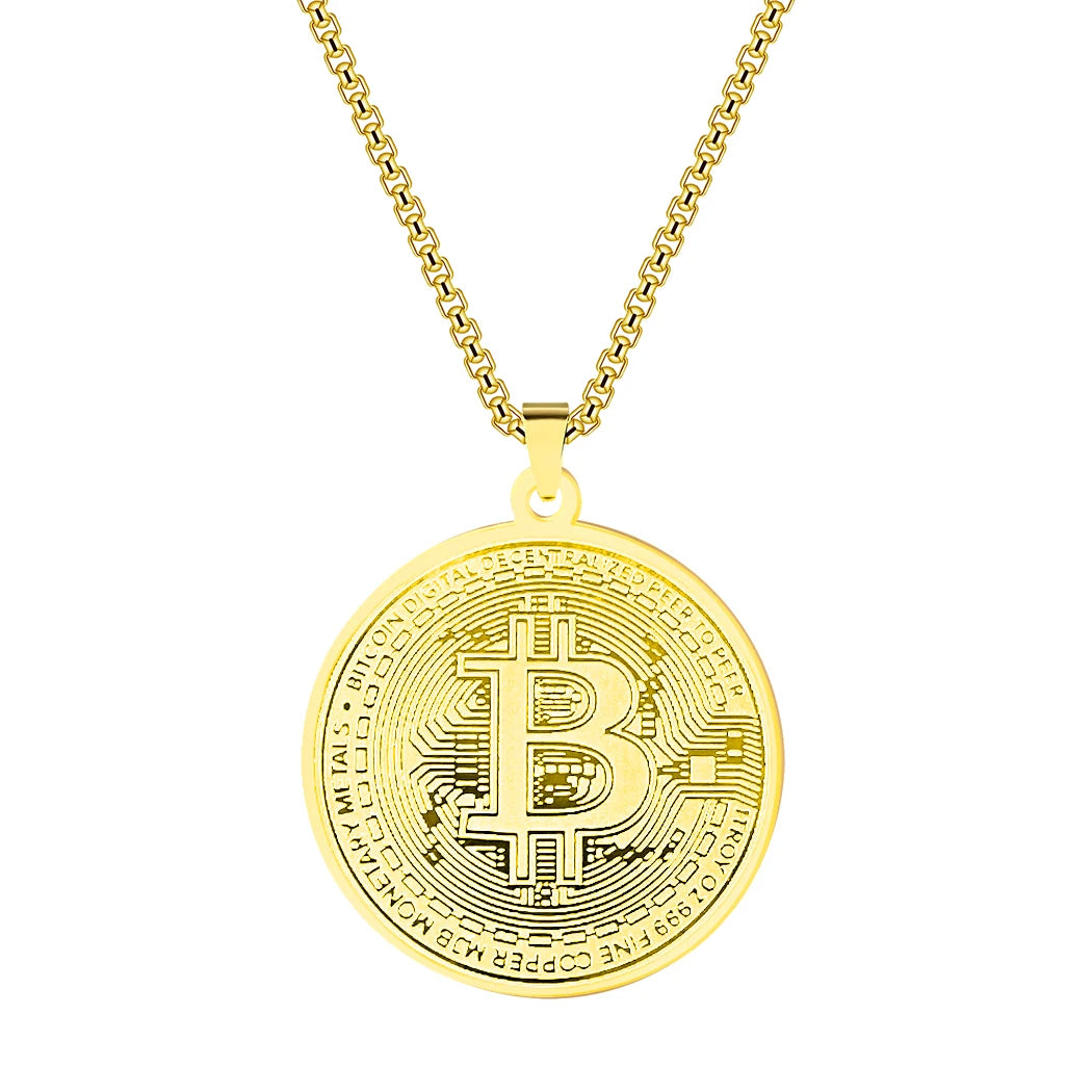 Kinitial Circle Bitcoin Pendant Necklace Stainless Steel Bitcoin Charm Chain Choker For Men Women HipHop Jewelry
