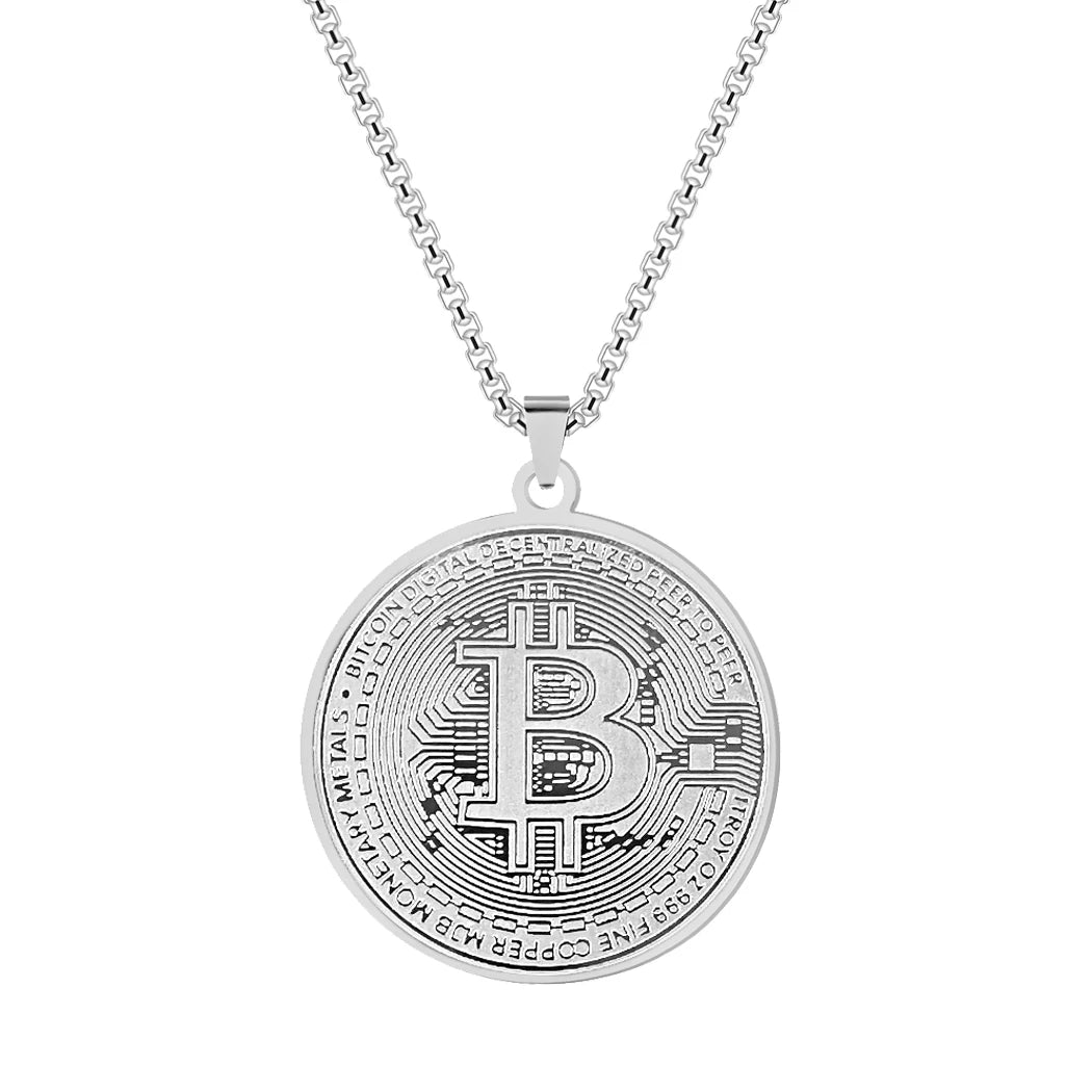 Kinitial Circle Bitcoin Pendant Necklace Stainless Steel Bitcoin Charm Chain Choker For Men Women HipHop Jewelry