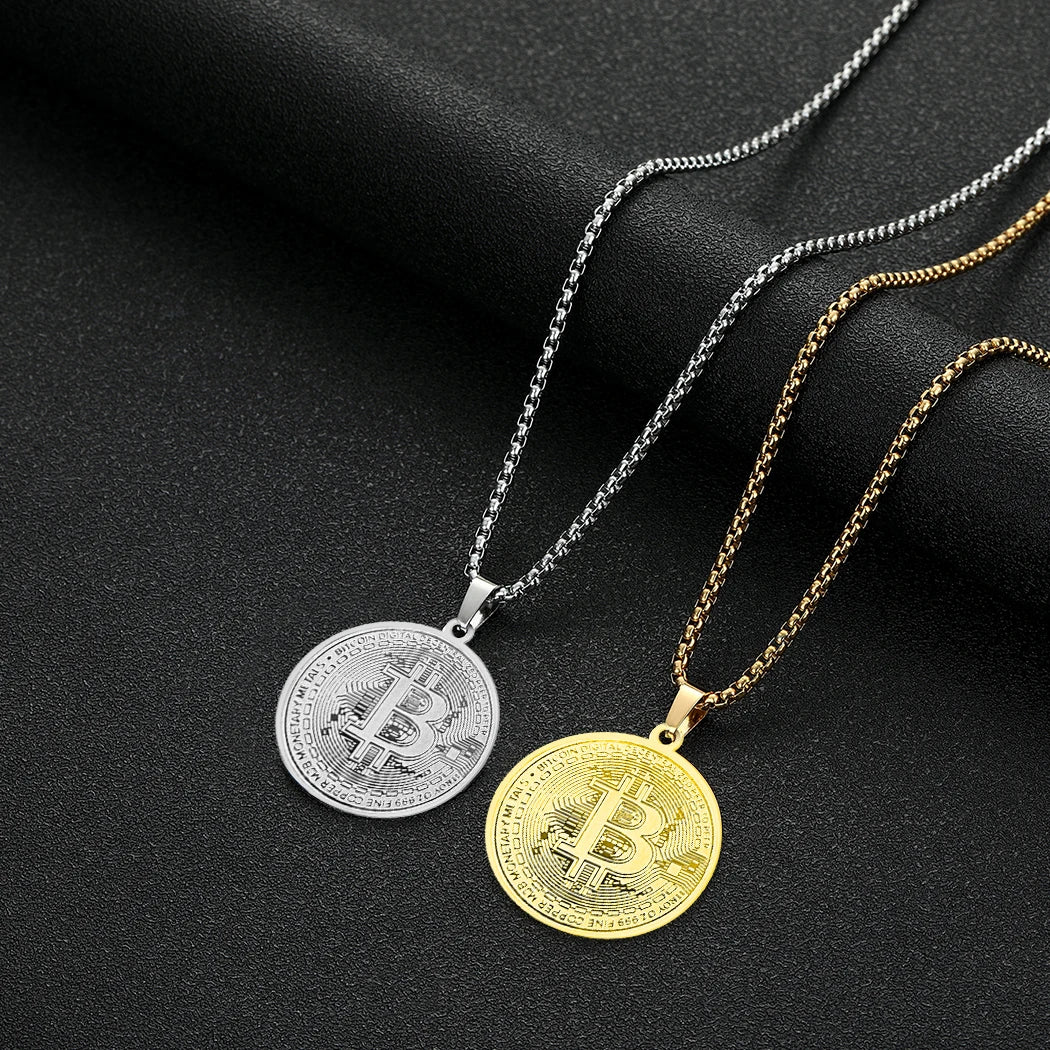 Kinitial Circle Bitcoin Pendant Necklace Stainless Steel Bitcoin Charm Chain Choker For Men Women HipHop Jewelry