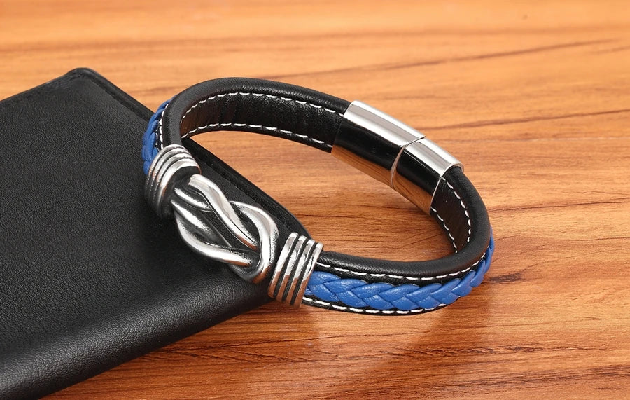TYO Geometric Stainless Steel Men's Leather Bracelet Hand-woven Magnetic Clasp Black Blue Leather Bangle Christmas Jewelry Gift