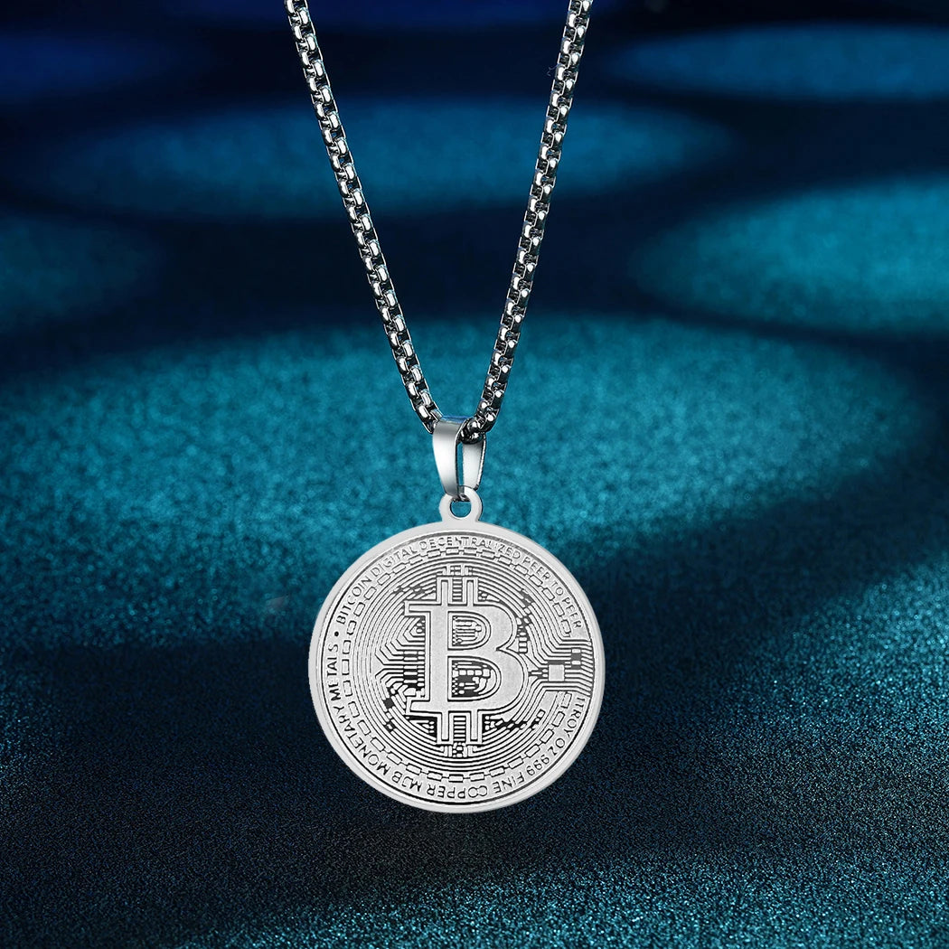 Kinitial Circle Bitcoin Pendant Necklace Stainless Steel Bitcoin Charm Chain Choker For Men Women HipHop Jewelry