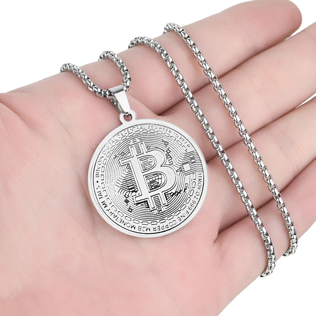 Kinitial Circle Bitcoin Pendant Necklace Stainless Steel Bitcoin Charm Chain Choker For Men Women HipHop Jewelry