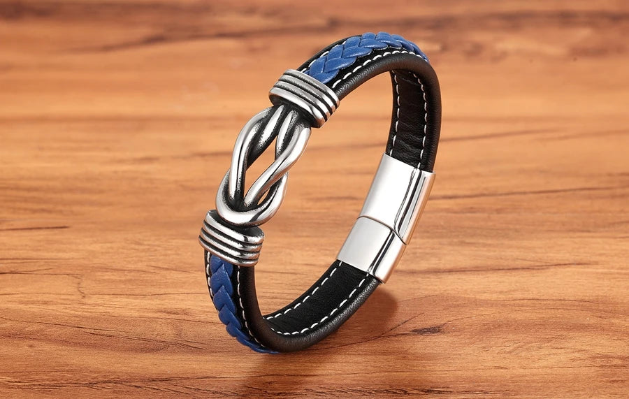 TYO Geometric Stainless Steel Men's Leather Bracelet Hand-woven Magnetic Clasp Black Blue Leather Bangle Christmas Jewelry Gift
