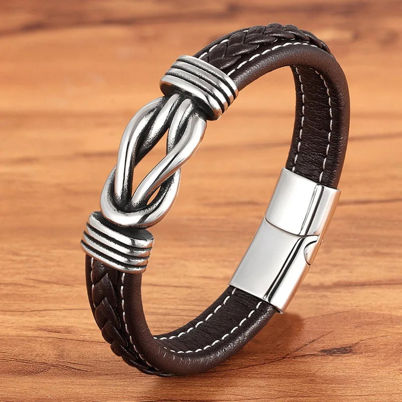 TYO Geometric Stainless Steel Men's Leather Bracelet Hand-woven Magnetic Clasp Black Blue Leather Bangle Christmas Jewelry Gift