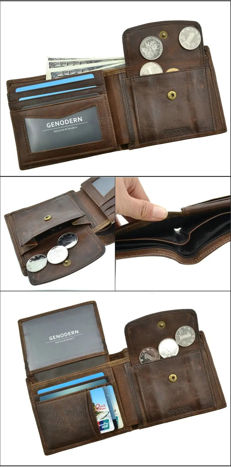 GENODERN Cow Leather Men Wallets with Coin Pocket Vintage Male Purse RFID Blocking Genuine Leather Men Wallet with Card Holders