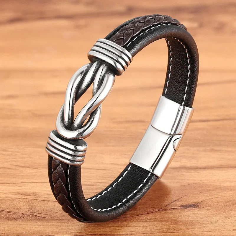 TYO Geometric Stainless Steel Men's Leather Bracelet Hand-woven Magnetic Clasp Black Blue Leather Bangle Christmas Jewelry Gift
