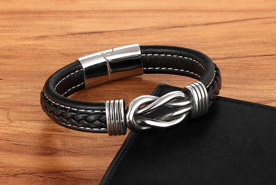 TYO Geometric Stainless Steel Men's Leather Bracelet Hand-woven Magnetic Clasp Black Blue Leather Bangle Christmas Jewelry Gift