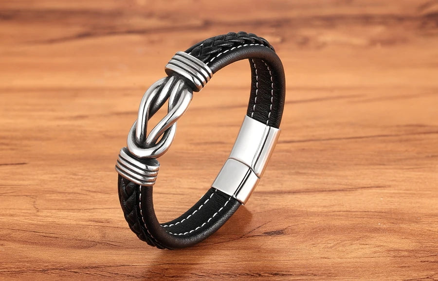 TYO Geometric Stainless Steel Men's Leather Bracelet Hand-woven Magnetic Clasp Black Blue Leather Bangle Christmas Jewelry Gift