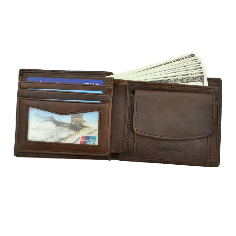 Cow Leather Men Wallets with Coin Pocket Vintage Male Purse Function Brown Genuine Leather Men Wallet with Card Holders