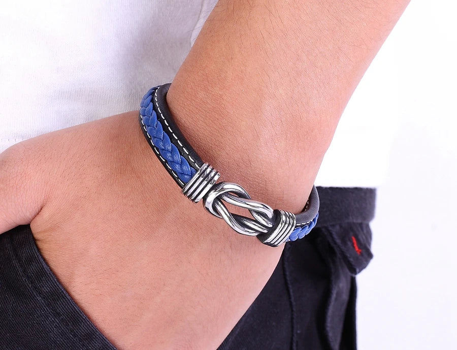 TYO Geometric Stainless Steel Men's Leather Bracelet Hand-woven Magnetic Clasp Black Blue Leather Bangle Christmas Jewelry Gift