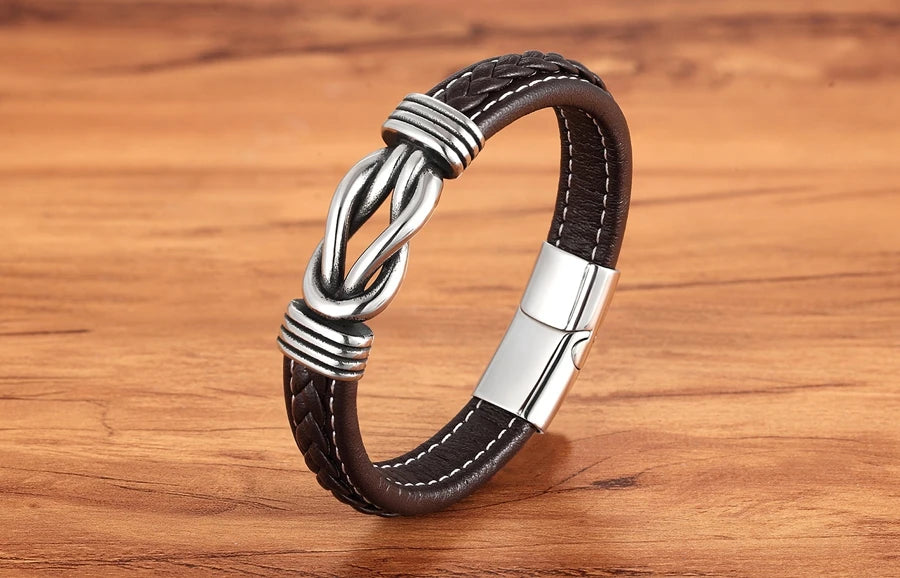 TYO Geometric Stainless Steel Men's Leather Bracelet Hand-woven Magnetic Clasp Black Blue Leather Bangle Christmas Jewelry Gift