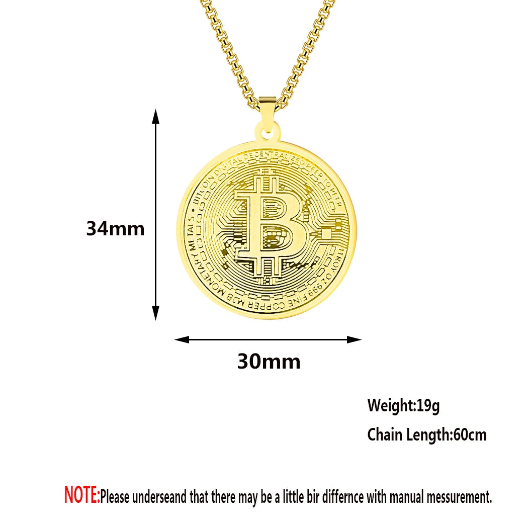 Kinitial Circle Bitcoin Pendant Necklace Stainless Steel Bitcoin Charm Chain Choker For Men Women HipHop Jewelry
