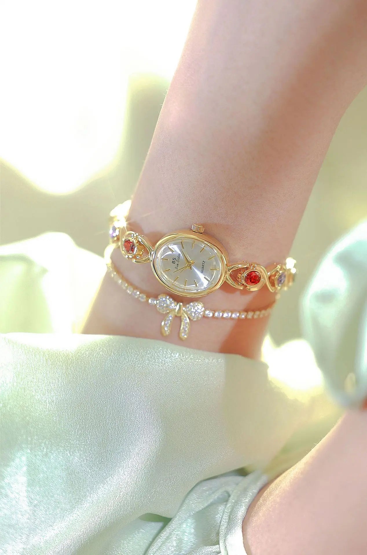Women's Oval Rainbow Gem Light Luxury Wristwatch Fashion Elegant Waterproof Bracelet Watch Exquisite Small Clock Reloj V43