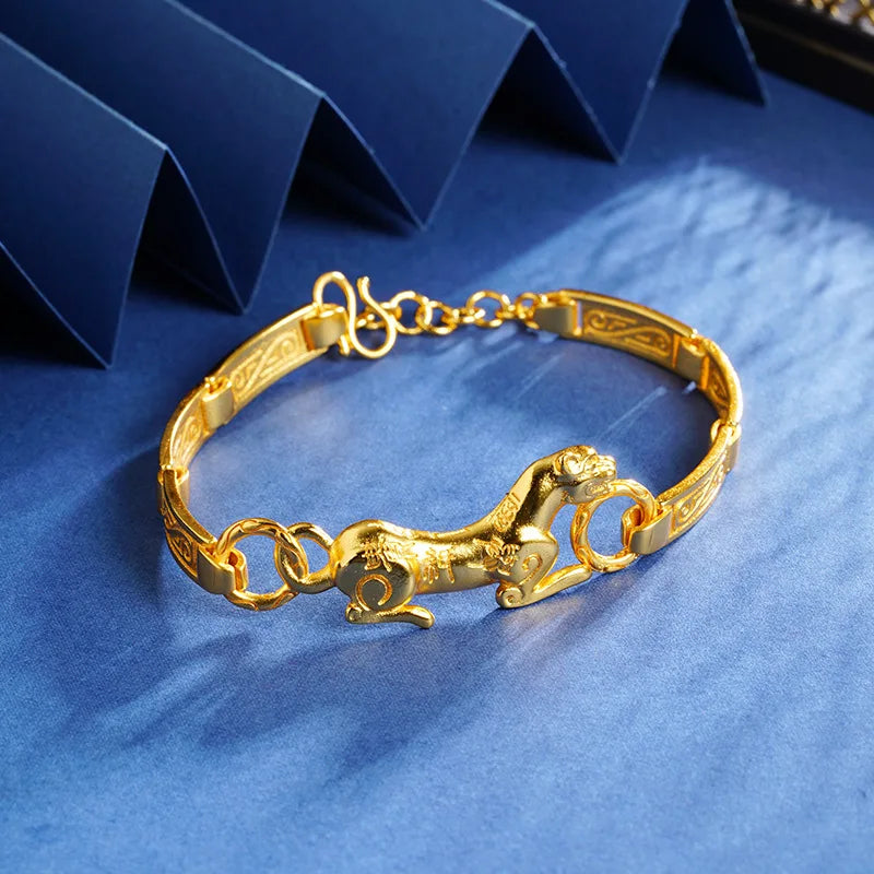 Luxury 24K 9999 Pure Gold real gold Ping An Tiger Handset Bracelet Women's Light Luxury Bamboo Bracelet