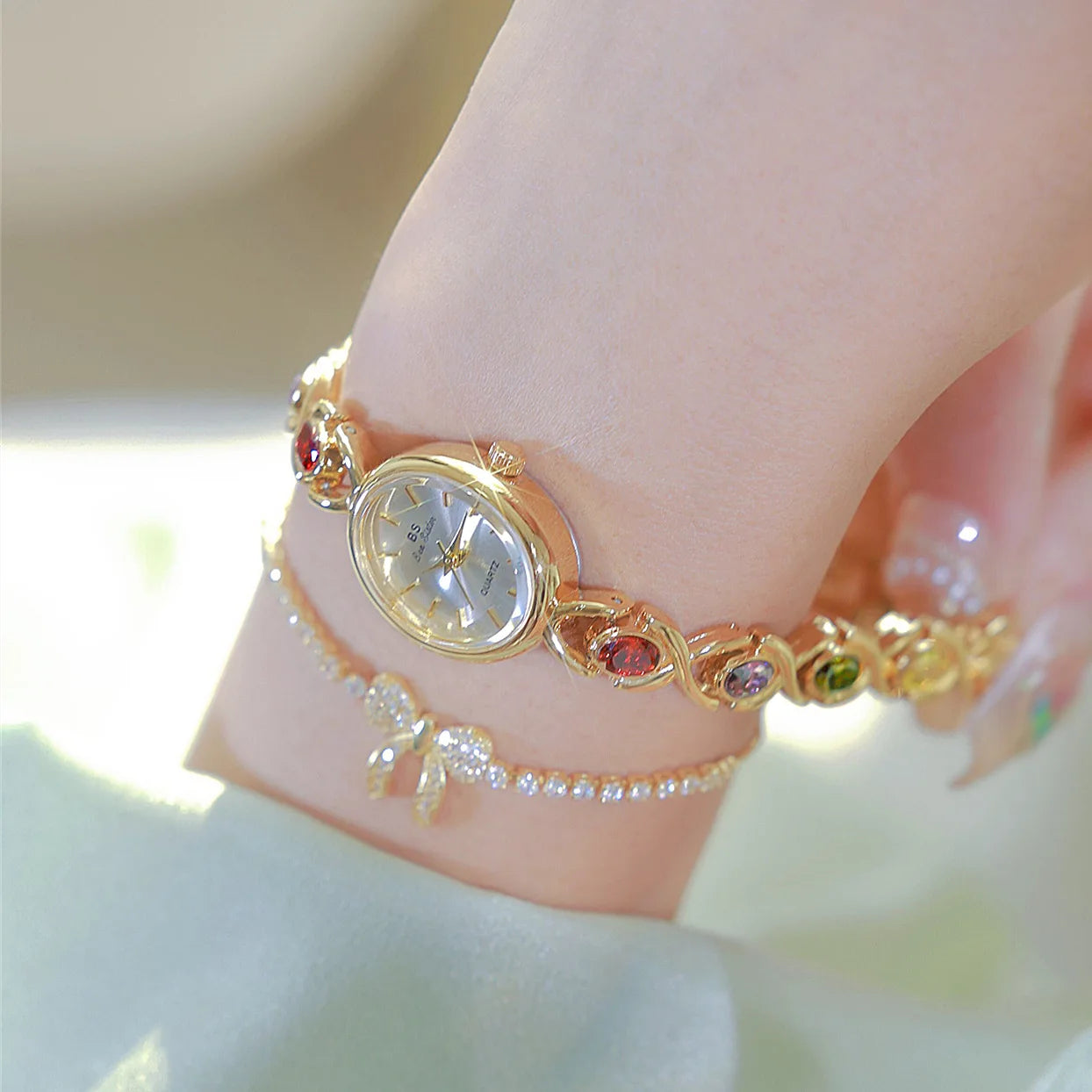 Women's Oval Rainbow Gem Light Luxury Wristwatch Fashion Elegant Waterproof Bracelet Watch Exquisite Small Clock Reloj V43