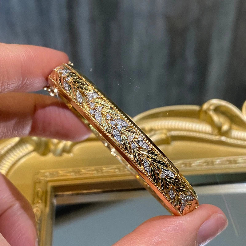 Aazuo 18K Yellow Gold Real Diamonds Luxury Jewerly Fashion Vintage Bangle Gifted For Women  Engagement Halo anillos mujer Party