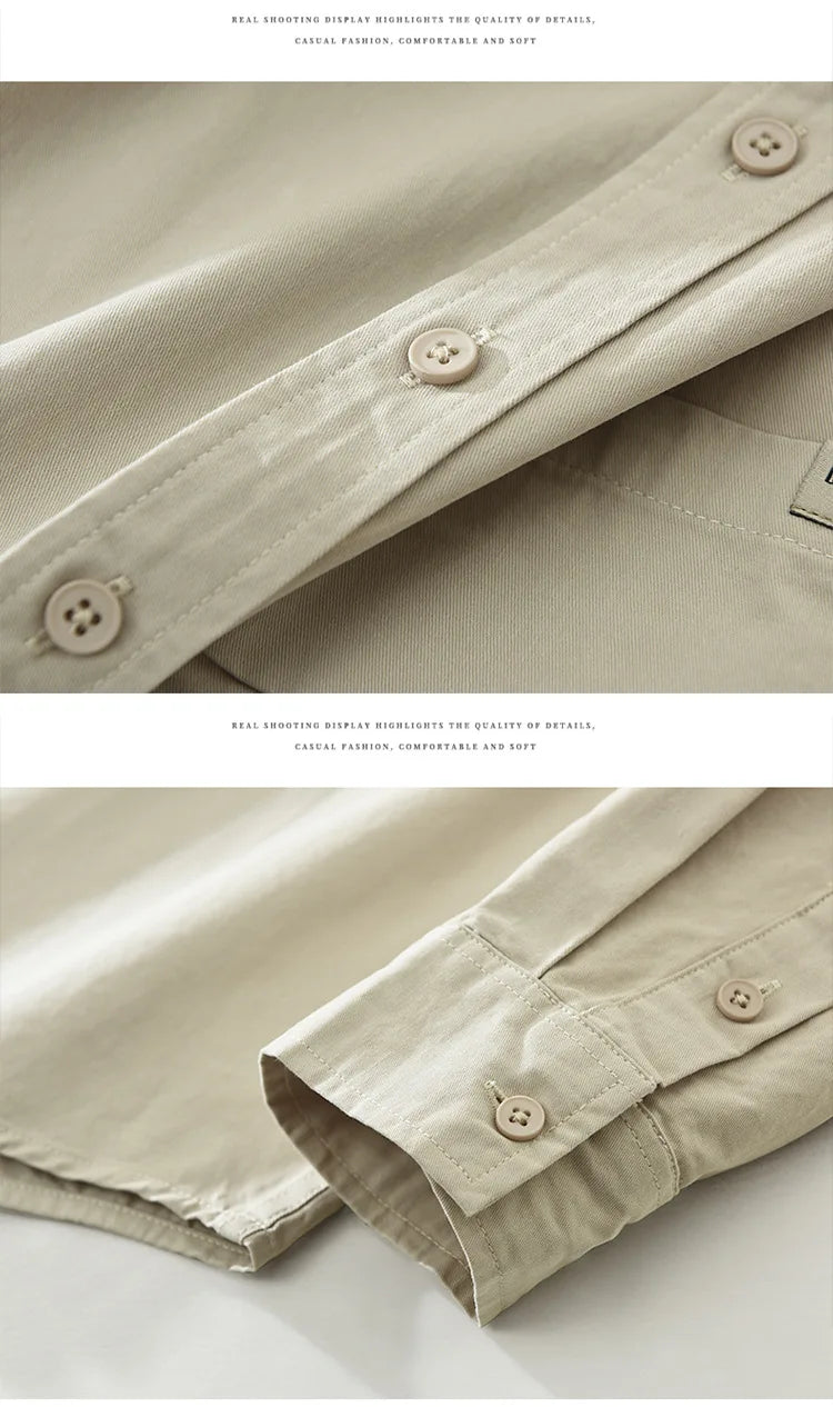 2025 Autumn New Simple Cargo 100% Cotton Long Sleeve Shirt for Men Clothing Solid Color Turn-down Collar Versatile CM7698