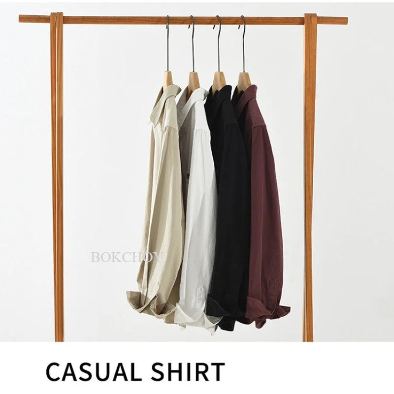 2025 Autumn New Simple Cargo 100% Cotton Long Sleeve Shirt for Men Clothing Solid Color Turn-down Collar Versatile CM7698