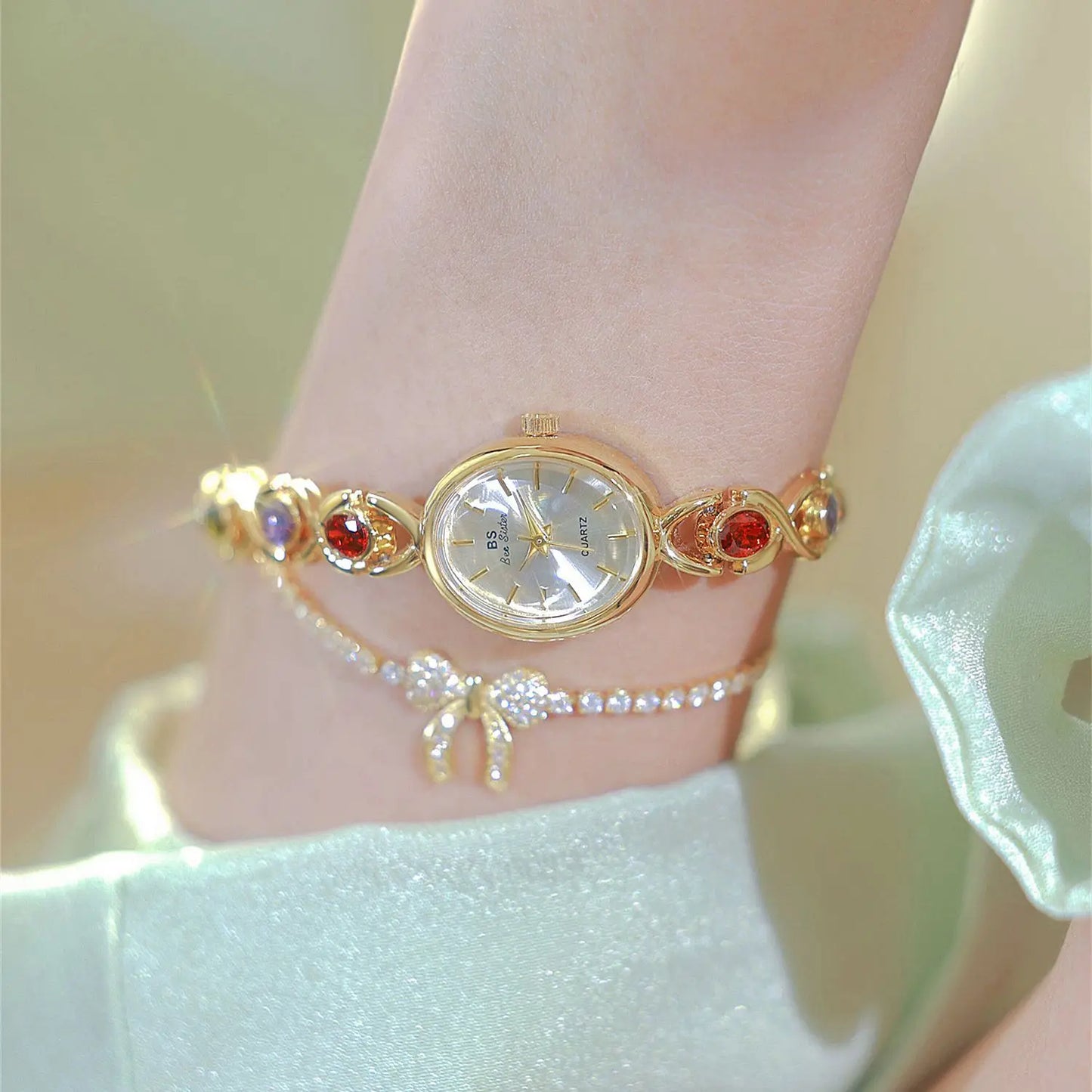 Women's Oval Rainbow Gem Light Luxury Wristwatch Fashion Elegant Waterproof Bracelet Watch Exquisite Small Clock Reloj V43