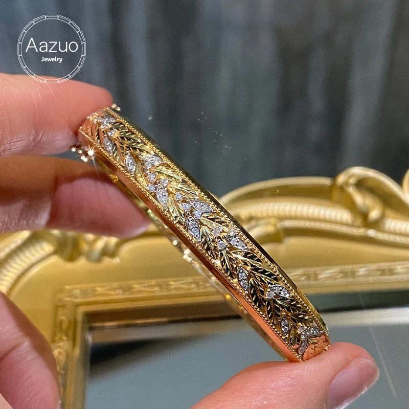Aazuo 18K Yellow Gold Real Diamonds Luxury Jewerly Fashion Vintage Bangle Gifted For Women  Engagement Halo anillos mujer Party