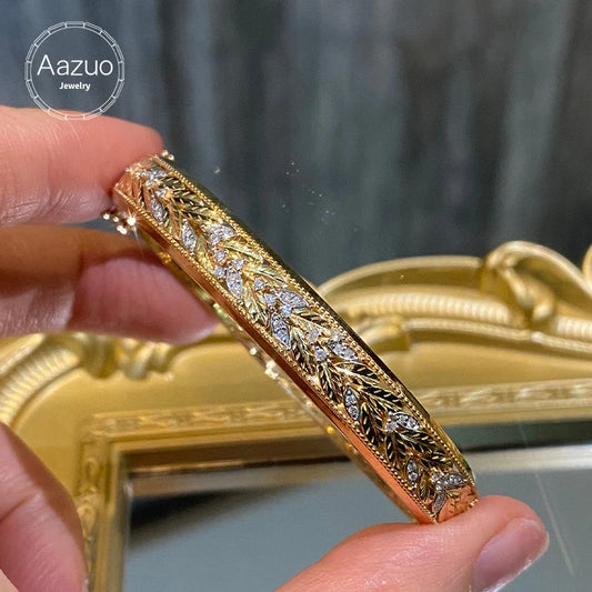 Aazuo 18K Yellow Gold Real Diamonds Luxury Jewerly Fashion Vintage Bangle Gifted For Women  Engagement Halo anillos mujer Party