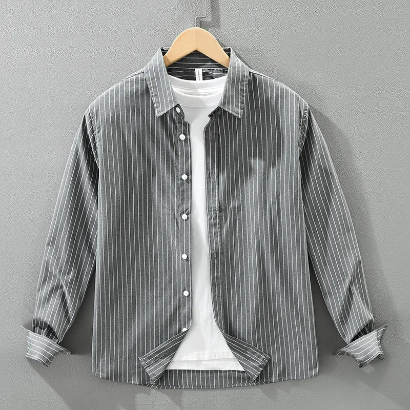 2025 Autumn New Fresh Striped 100% Cotton Long Sleeve Shirt for Men Clothing Comfort Turn-down Collar Tops CM7629