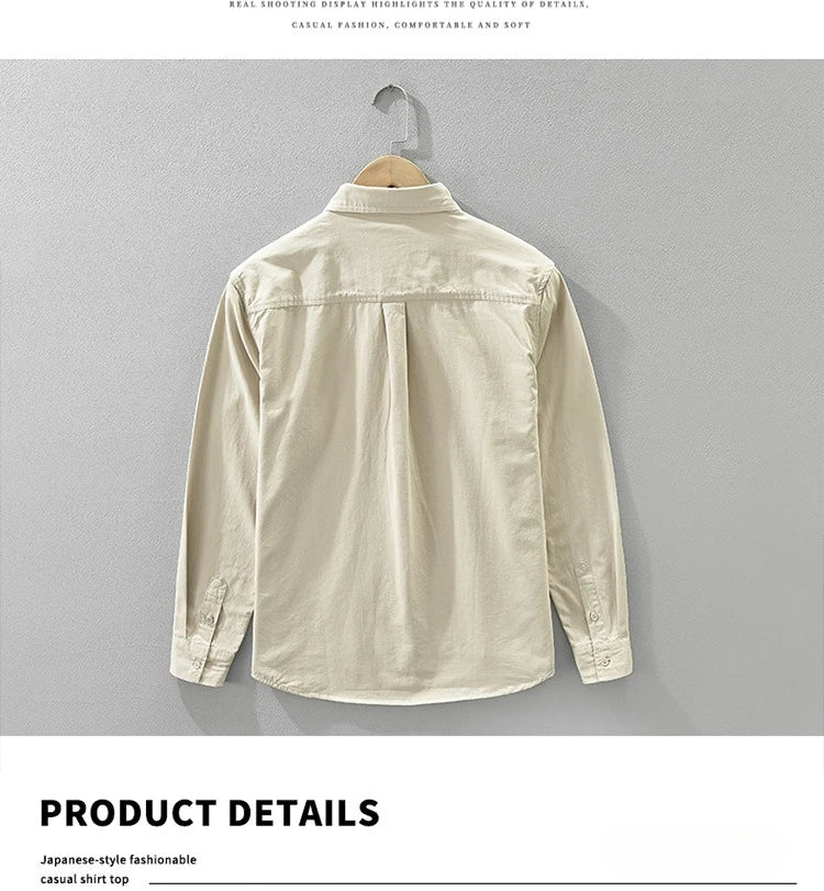 2025 Autumn New Simple Cargo 100% Cotton Long Sleeve Shirt for Men Clothing Solid Color Turn-down Collar Versatile CM7698