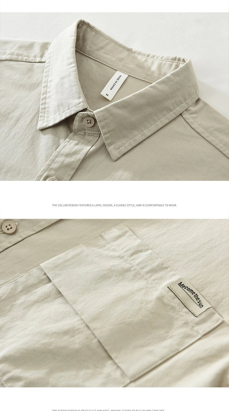 2025 Autumn New Simple Cargo 100% Cotton Long Sleeve Shirt for Men Clothing Solid Color Turn-down Collar Versatile CM7698