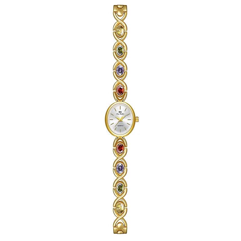 Women's Oval Rainbow Gem Light Luxury Wristwatch Fashion Elegant Waterproof Bracelet Watch Exquisite Small Clock Reloj V43