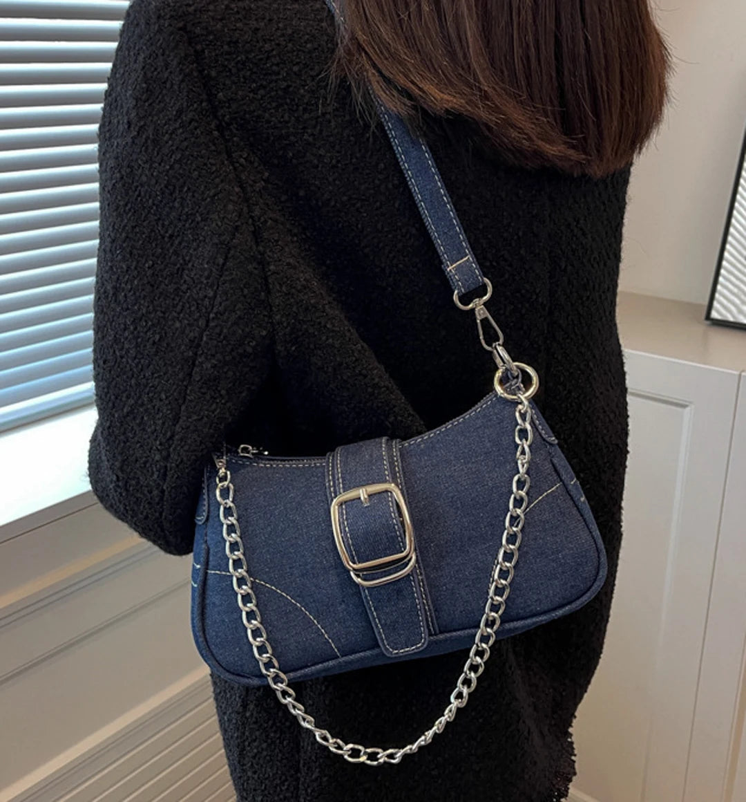 High end denim small bag women's bag 2025 new European and American style fashionable single shoulder crossbody bag chain