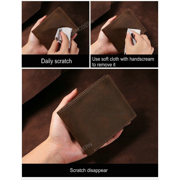 GENODERN Crazy Horse Leather Men's Wallet Vintage Cow Leather Wallet for Men Slim Male Purse