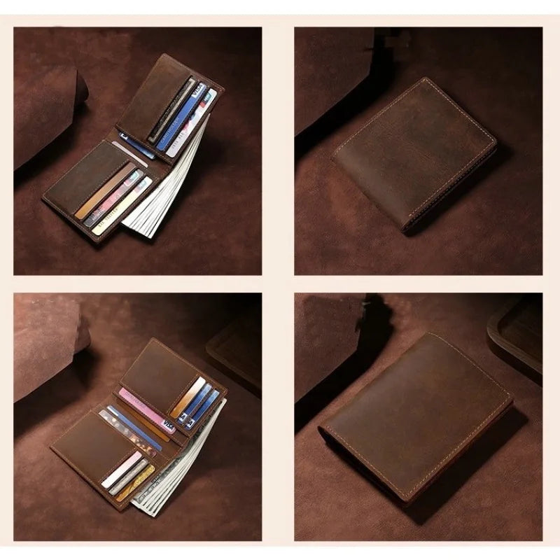 GENODERN Crazy Horse Leather Men's Wallet Vintage Cow Leather Wallet for Men Slim Male Purse