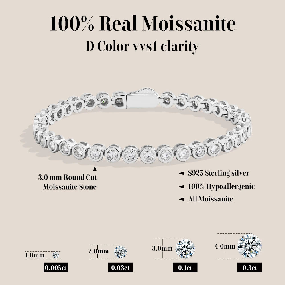 ATTAGEMS Round Cut 3mm Moissanite Tennis Bracelet 925 Sterling Silver Gold Plated Women Men's Bracelet Engagement Luxury Jewelry