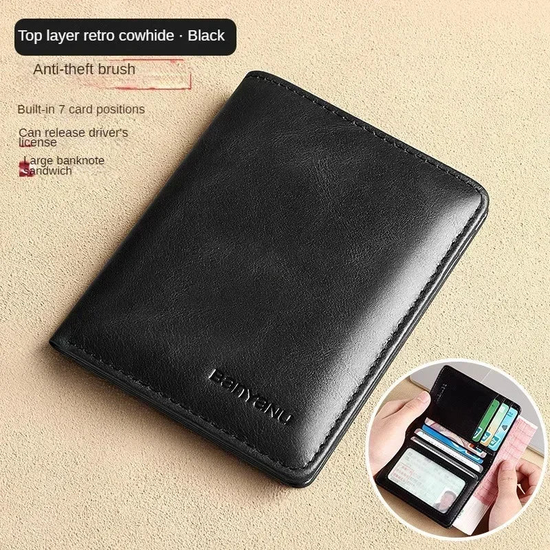 Men's Blue Money Bag Genuine Leather Rfid Wallet for Men Slim Vertical Wallets Black Thin Short ID Credit Card Holder Minimalist