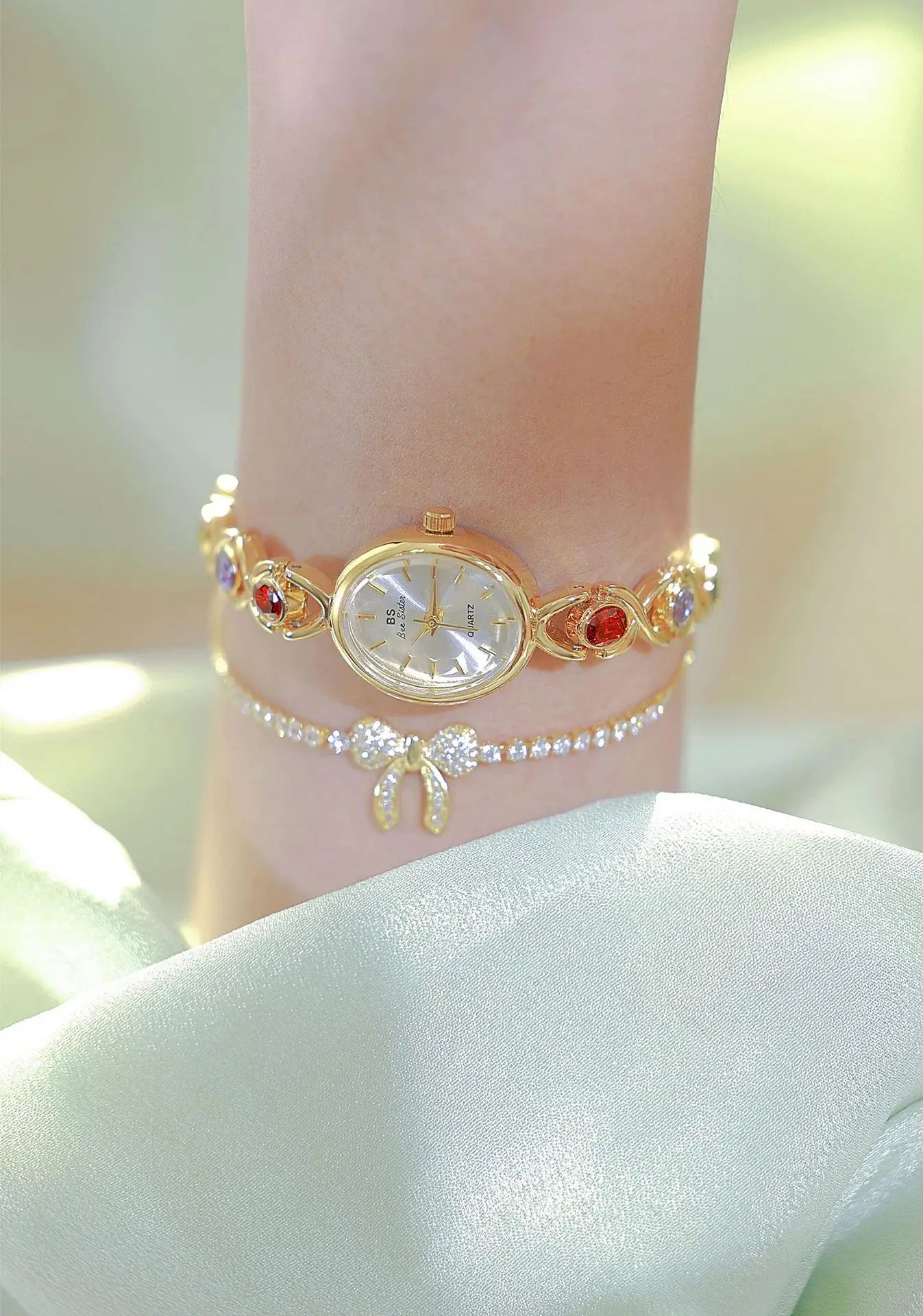 Women's Oval Rainbow Gem Light Luxury Wristwatch Fashion Elegant Waterproof Bracelet Watch Exquisite Small Clock Reloj V43