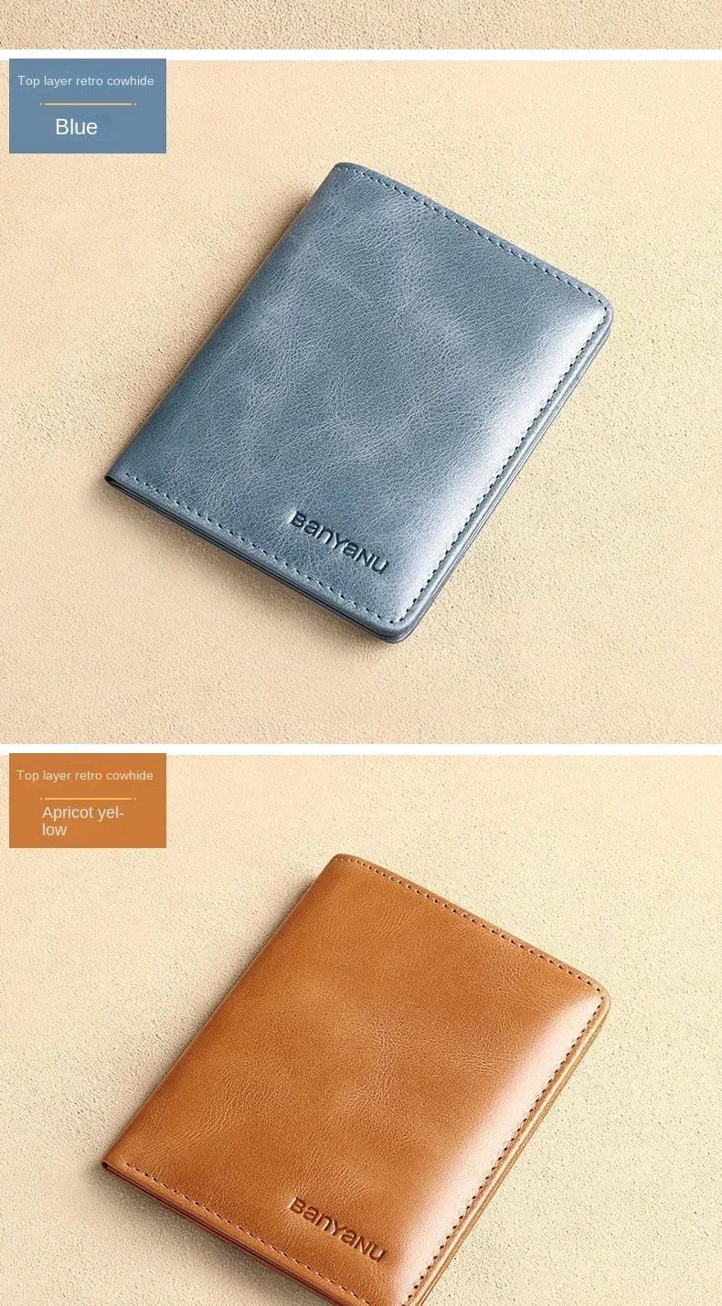 Men's Blue Money Bag Genuine Leather Rfid Wallet for Men Slim Vertical Wallets Black Thin Short ID Credit Card Holder Minimalist