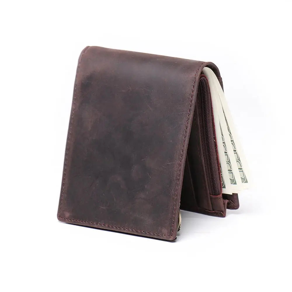 Men's Crazy Horse Leather Zipper Foldable Wallet Bank Credit Card Holder Men's Coin Purse Leather Simple Wallet