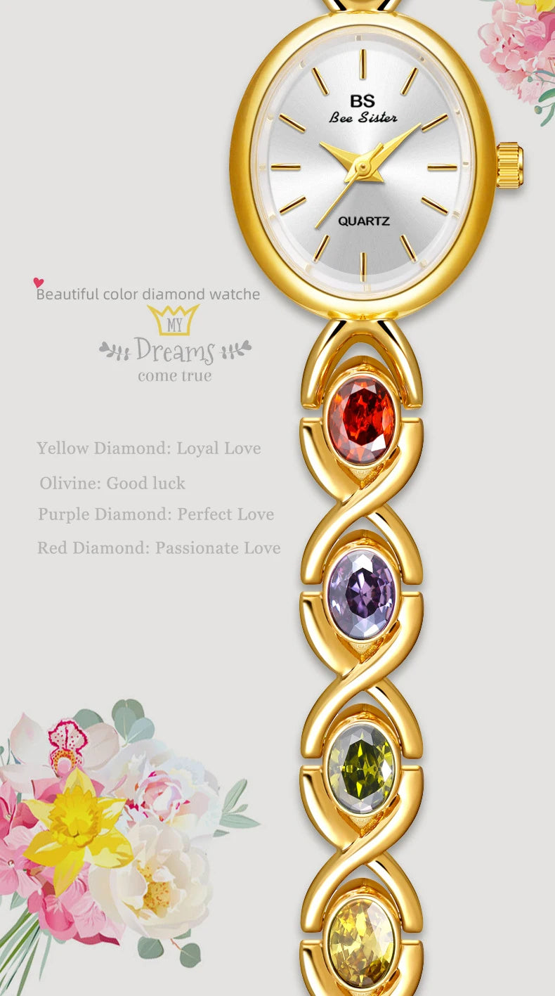 Women's Oval Rainbow Gem Light Luxury Wristwatch Fashion Elegant Waterproof Bracelet Watch Exquisite Small Clock Reloj V43