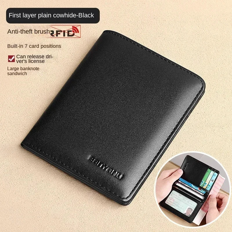 Men's Blue Money Bag Genuine Leather Rfid Wallet for Men Slim Vertical Wallets Black Thin Short ID Credit Card Holder Minimalist