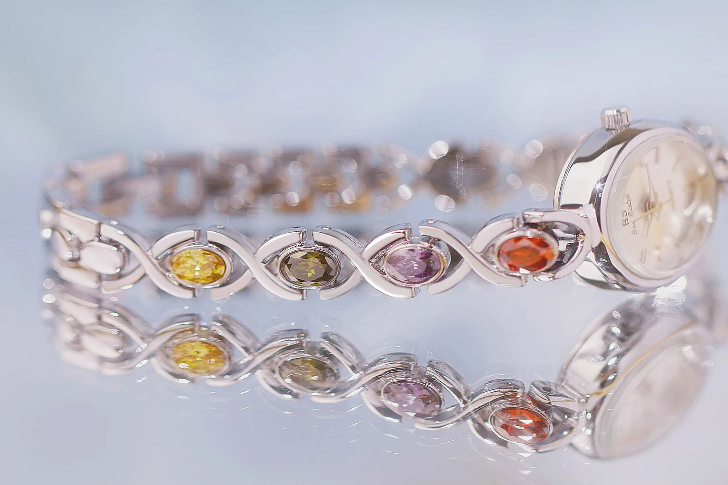 Women's Oval Rainbow Gem Light Luxury Wristwatch Fashion Elegant Waterproof Bracelet Watch Exquisite Small Clock Reloj V43