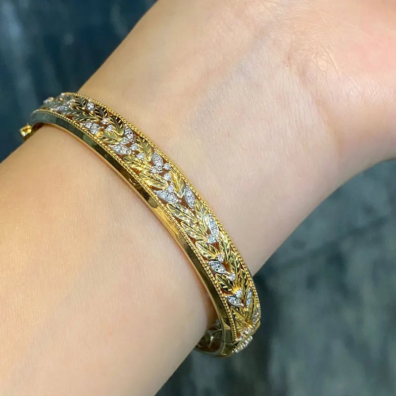 Aazuo 18K Yellow Gold Real Diamonds Luxury Jewerly Fashion Vintage Bangle Gifted For Women  Engagement Halo anillos mujer Party
