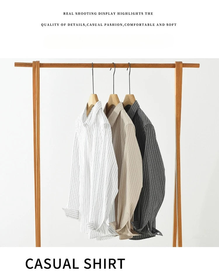 2025 Autumn New Fresh Striped 100% Cotton Long Sleeve Shirt for Men Clothing Comfort Turn-down Collar Tops CM7629