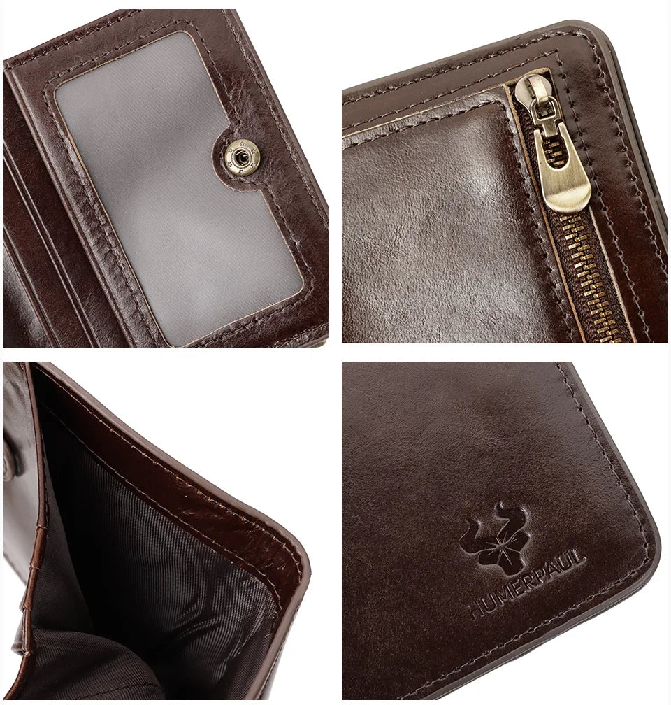 100% Genuine Leather Men's Wallet RFID Blocking Bifold Wallets with RFID Card Slots Thin Male Zipper Coin Purse Money Clip