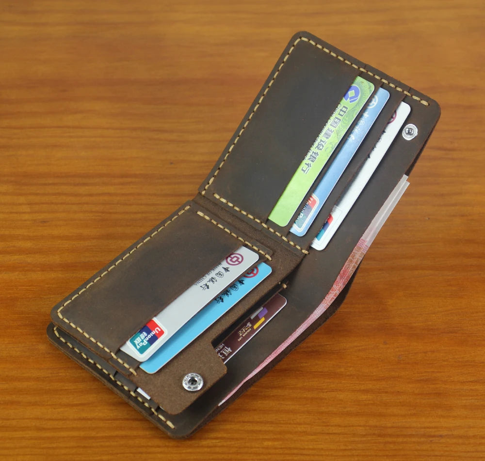 High Class Handmade Crazy Horse Genuine Leather Men's Wallet Purse Male Money Bag Short Multi-Card Wallet Money Clips MC-309