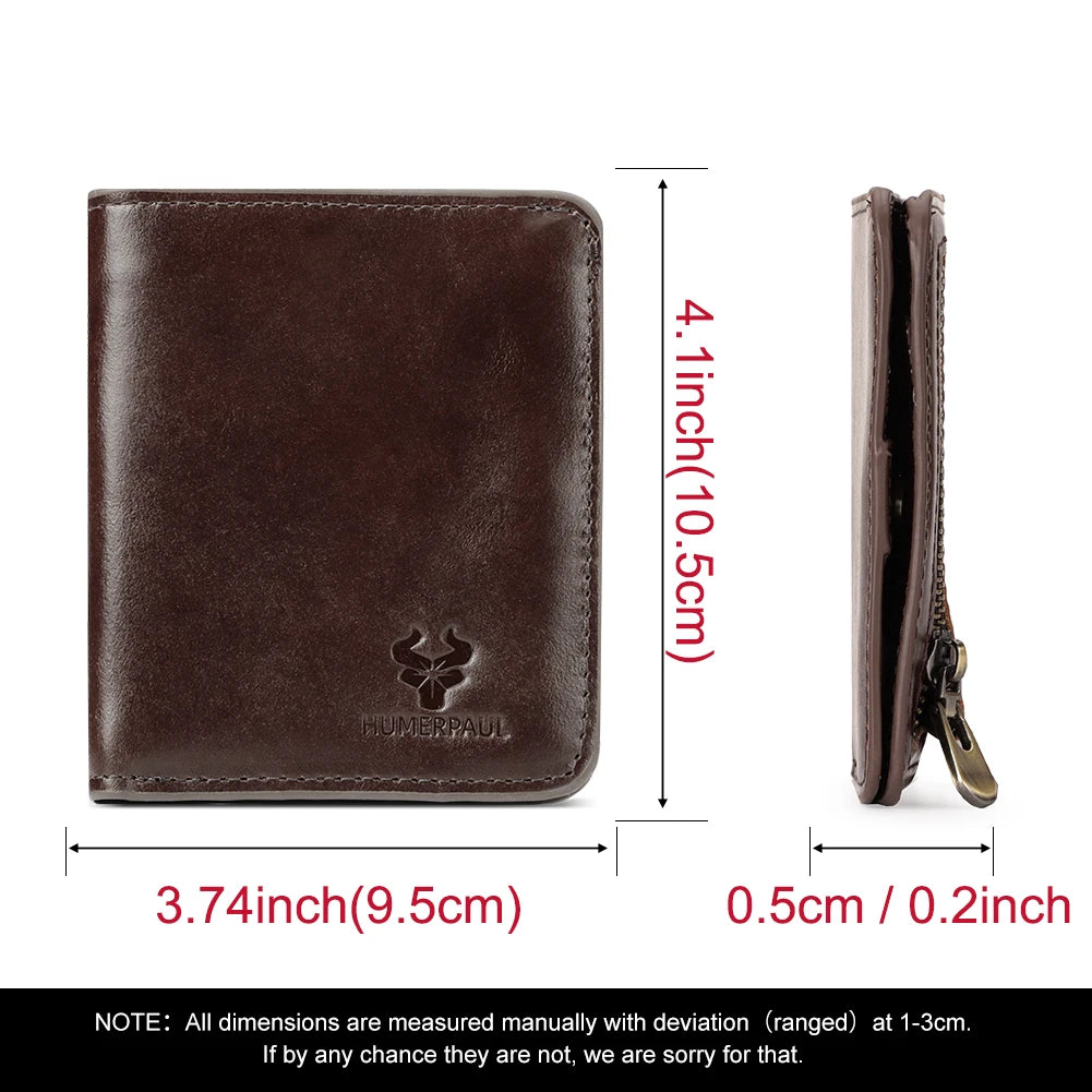 100% Genuine Leather Men's Wallet RFID Blocking Bifold Wallets with RFID Card Slots Thin Male Zipper Coin Purse Money Clip