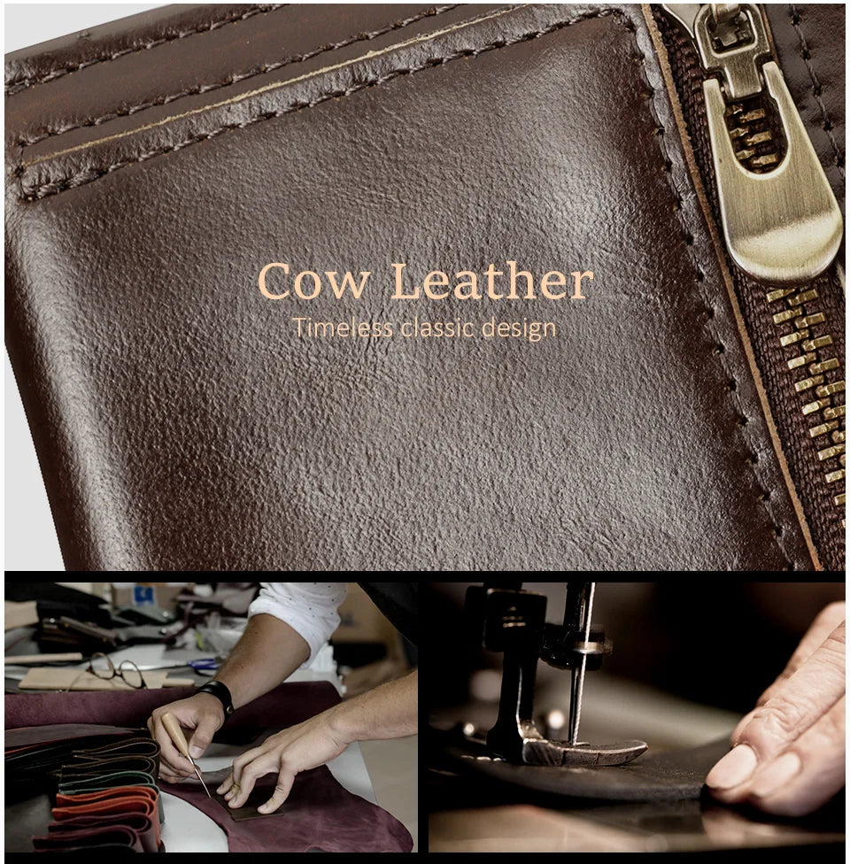 100% Genuine Leather Men's Wallet RFID Blocking Bifold Wallets with RFID Card Slots Thin Male Zipper Coin Purse Money Clip